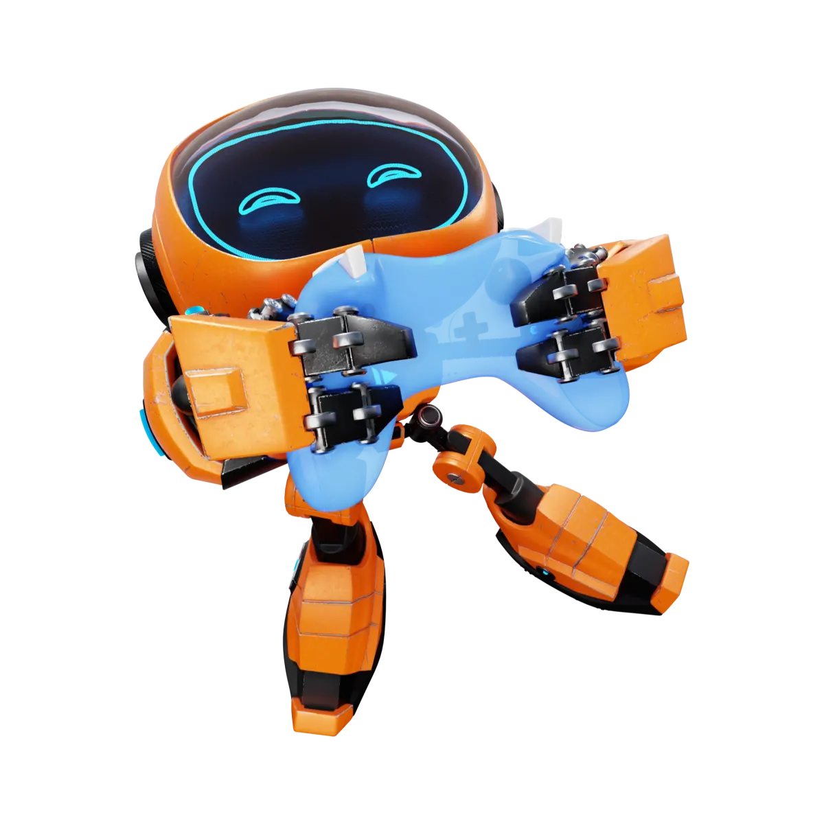 Robô laranja, mascote da BGS, segurando um controle azul