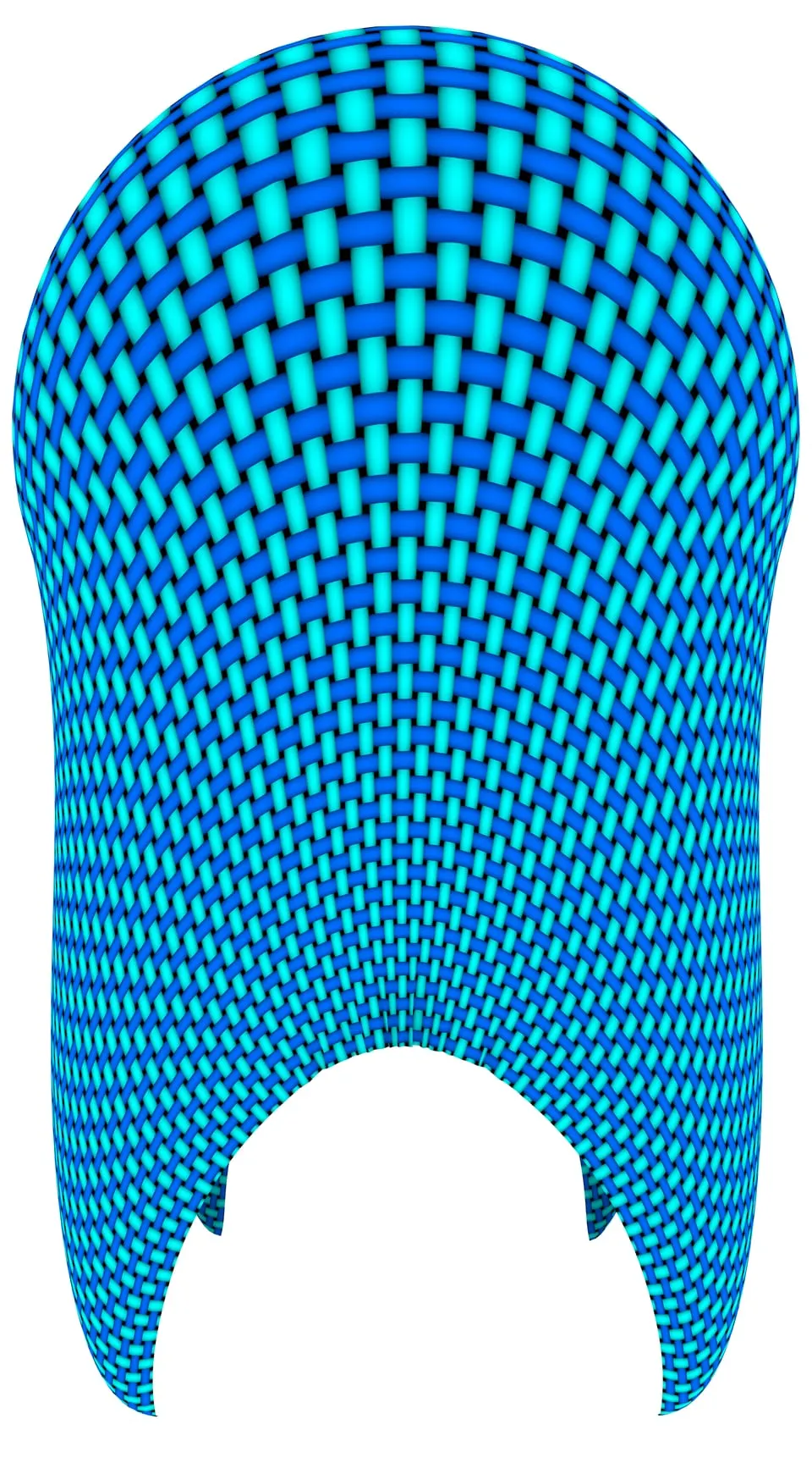 Simulação por computador de um tecido quadrado azul trançado caído sobre uma esfera, formando dobras na parte de baixo