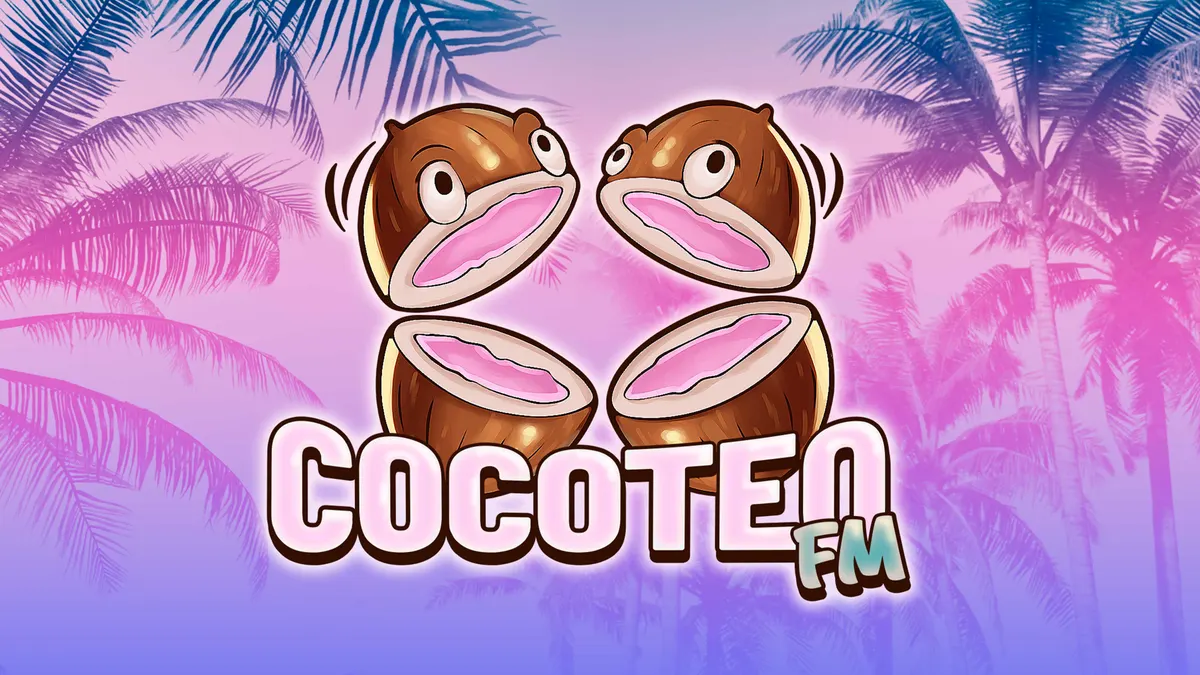 Logotipo da rádio Cocoteo FM: dois cocos abertos com olhos, sobre um fundo rosa com coqueiros