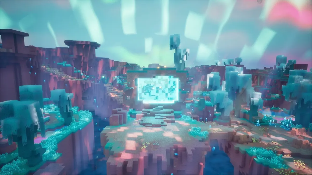 Paisagem rosada e azul do Sift, com um portal brilhante ao centro