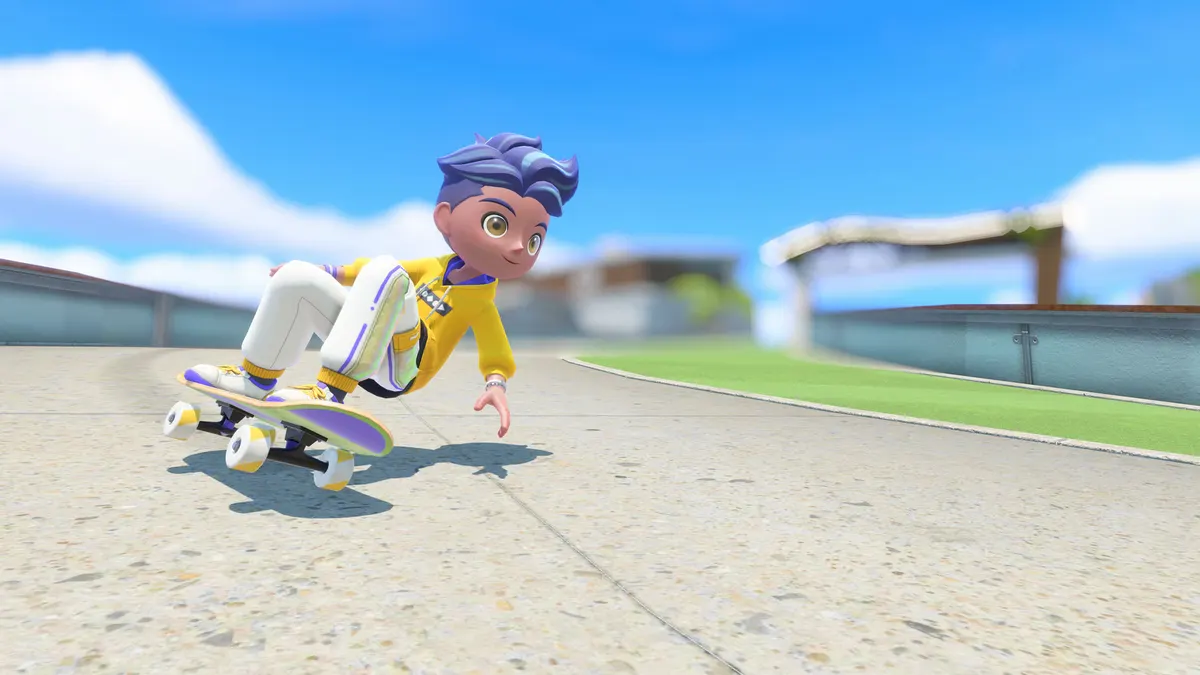 Personagem de cabelo roxo andando de skate numa pista de concreto, com céu azul ao fundo