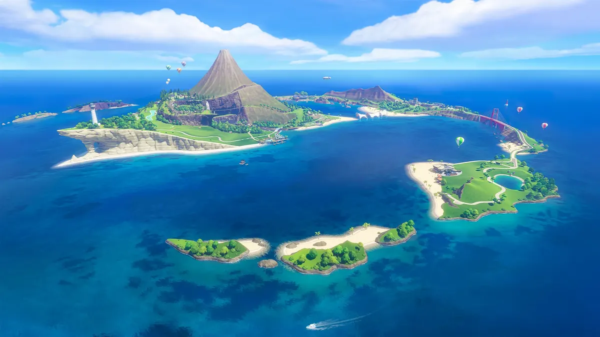 Vista aérea da Ilha Wuhu, com vulcão, praias, farol e balões sobre o mar