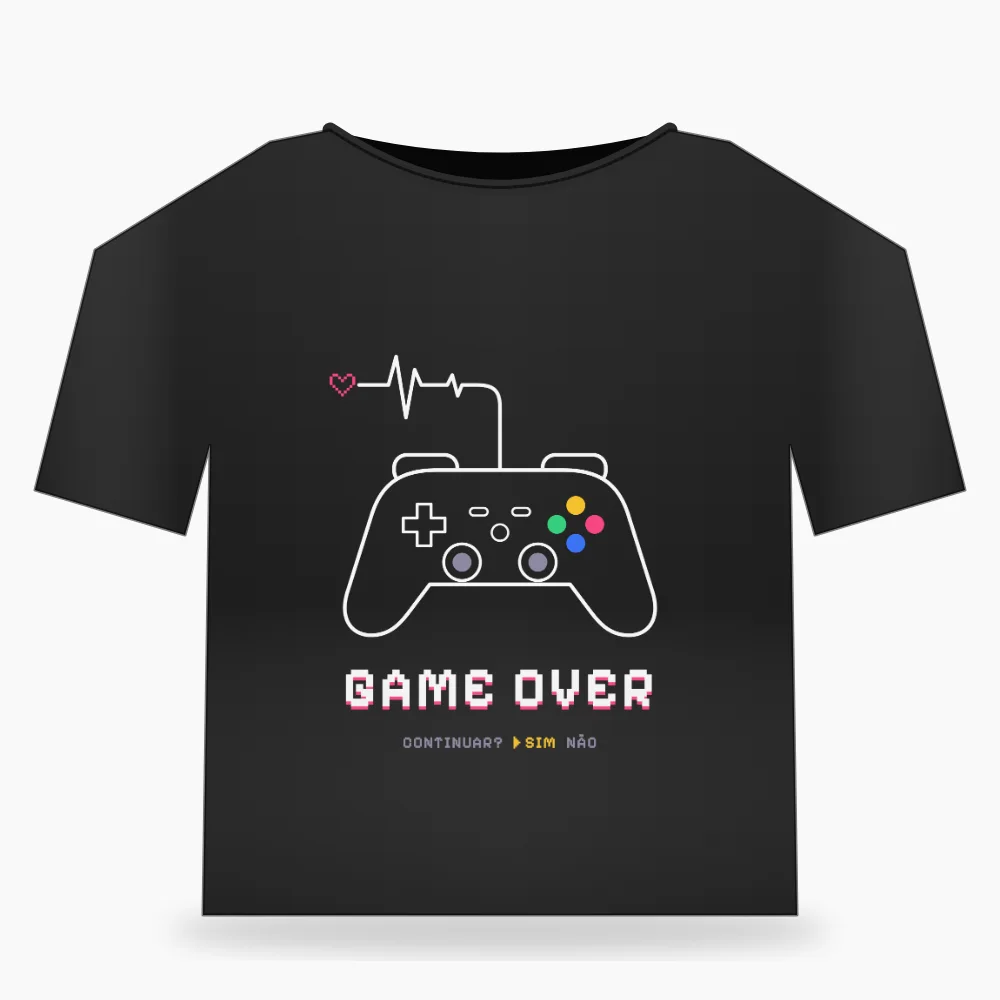 Camiseta oversized preta Game Over: modelagem larga com o controle de videogame e o texto GAME OVER